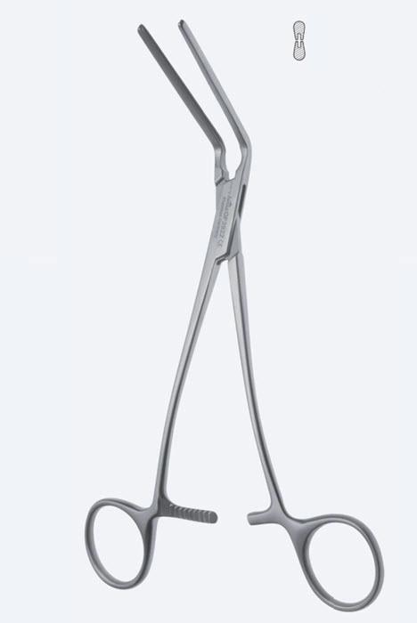 Зажими, судинні, Cooley, зубці Cooley, з вигнутою ручкою, вигнуті на 60°, з кремальєрою, довжина 205 мм. Бренд - Asanus Medizintechnik Gmb, Німеччина